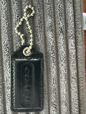 Coach Black Leather Key Tag with Silver Ball Chain